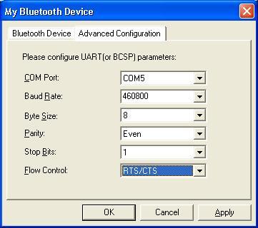 Figure 2 Advanced Configurations for UART Hardware Device Properties Configuration To configure the properties of your local device, click My Bluetooth Device Properties, General: Device Name The