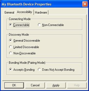 Figure 2 Accessibility Properties Page Hardware: View information about your Bluetooth hardware.