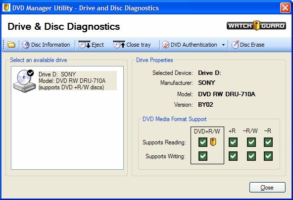 The DVD Authentication button has 2 pull-down options: one for authenticating a DVD and another for authenticating video within a VIDEO_TS folder.