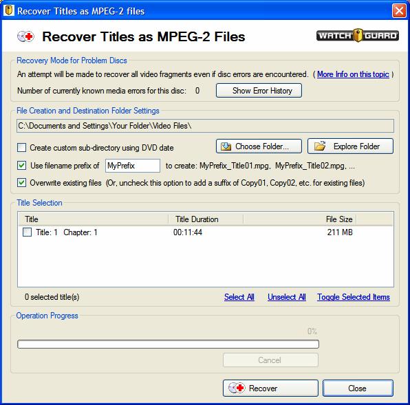 The Recover Titles as MPEG-2 Files screen is displayed. The user-configurable options are: 1. May change the default file location for storing the extracted files by clicking the Choose Folder button.