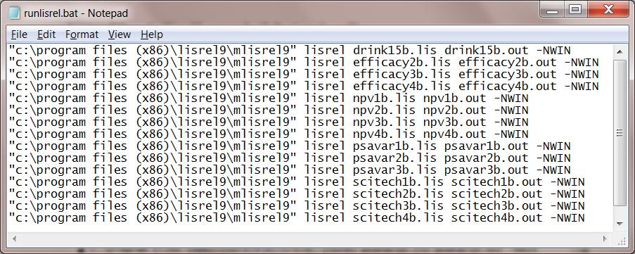 Example: Syntax File = "c:\lisrel9 examples\ls9ex\npv1a.spl" Output File = "c:\lisrel9 examples\ls9ex\npv1a.out" Examples of batch files (RunLISREL.bat and RunSIMPLIS.