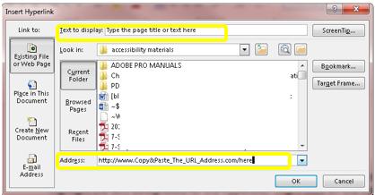 In the Insert Hyperlink window, the four options buttons on the left column allow you to link to other files, internet pages, within the existing document and other options as shown.