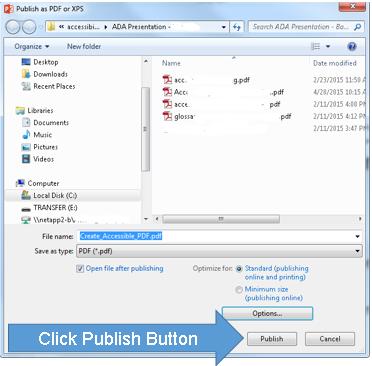 Now, to save the PDF, click the Publish button. PowerPoint 2013 Saved as HTML? Many versions of PowerPoint have a Save As Web Page option.