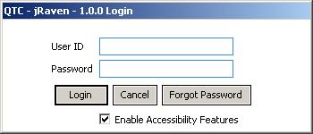 When jraven is completely loaded, The Login box displays: Selecting the Enable Accessibility Features box at the bottom of the login box will turn on accessibility features for users requiring