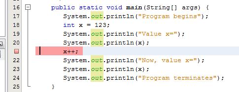 public static void main(string[] args) { System.out.println("Program begins"); int x = 123; System.out.println("Value x="); System.out.println(x); x++; System.out.println("Now, value x="); System.out.println(x); System.
