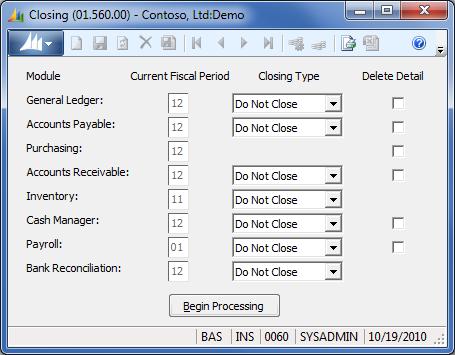 Reconciling Bank Accounts 19 Other Processes Closing the Period Performing a Bank Reconciliation closing finalizes the module s fiscal period for all companies.