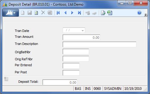 26 Bank Reconciliation Deposit Detail (BR.010.01) Clicking View Deposit Detail opens Deposit Detail (BR.010.01) which displays the supporting detail for summarized transaction batches.