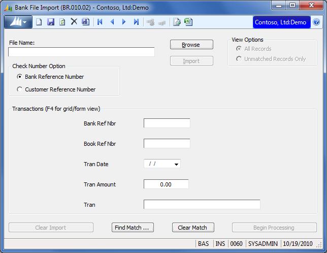 Input Screens 27 Bank File Import (BR.010.