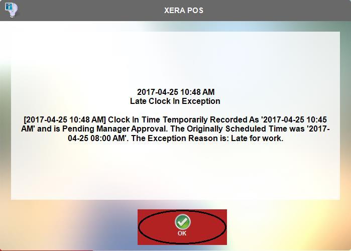 130 XERA POS User Manual View Details Button Click the View Details button to display detailed information for the selected time exception.