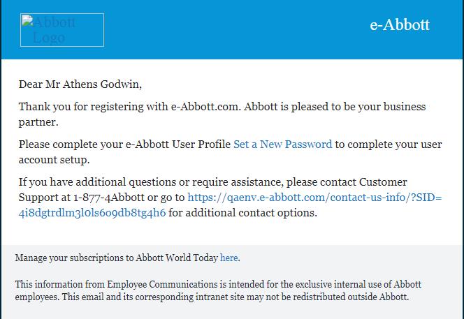 Figure 37: Submitting New Registration details You will receive a confirmation email about your e-abbott registration through a message box and an official mail from Abbott.