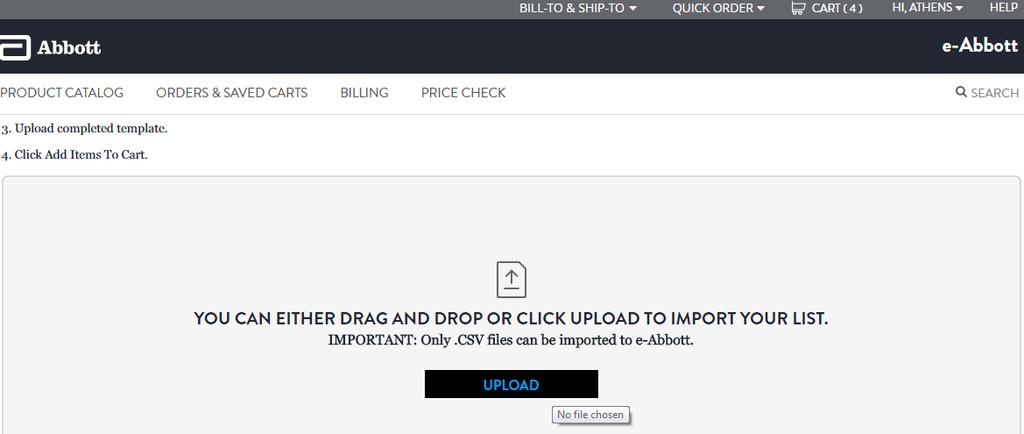 Figure 66: Clicking UPLOAD e-abbott will display import completion message. You can continue to place your order by clicking CART. 10.2.
