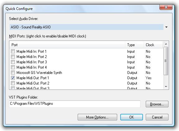 Selecting an Audio Driver The Quick Configure dialog When selecting an audio driver, choose the ASIO driver that matches the sound card of your computer.