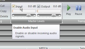 Enabling Audio Input Connect the rack's input to audio input by clicking the Input Connect button on the rack slot: Connecting a rack to audio input Be careful when using audio input not to create