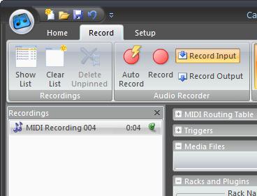Master Levels group on the Home tab Recording Cantabile supports recording audio and MIDI files and both recorders can be controlled from the Record tab.