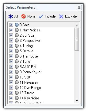 Selecting parameters to be morphed/randomized This window also supports learning which parameters modify.