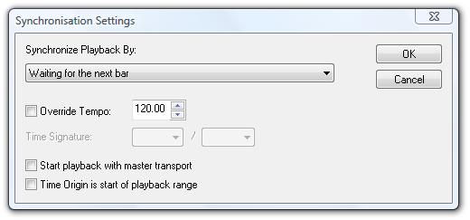 Synchronisation Settings for a Media Player Synchronise Playback By Tempo/Override Tempo Time Signature Start Playback with Master Time Origin is Start of Play Range This option controls how this