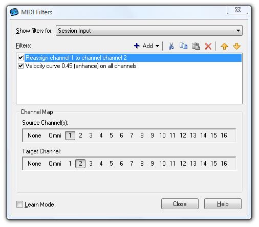 MIDI Filters MIDI filters are simple translations that can be applied to incoming or outgoing MIDI events.