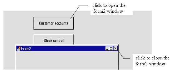 Clicking the 'customer accounts' button will make the Form2 window appear. Clicking the cross in the corner of Form2 will close the window.