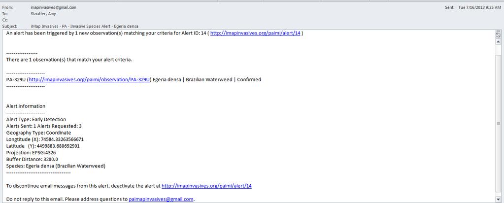 Here is an example of what an email alert will look like when sent to your inbox.