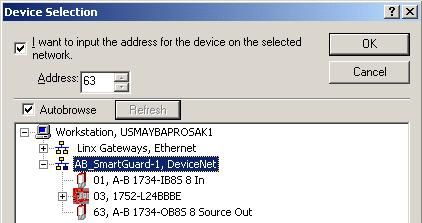Configure the Module for a SmartGuard Controller Chapter 6 2. Click Browse. 6 3 5 4 3. Check I want to input the address for the device on the selected network. 4. Browse to the DeviceNet network, being sure to not click OK when the browse is complete.