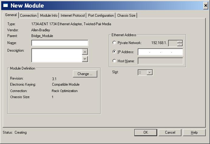 . Chapter 5 Configure the Module in a GuardLogix Controller System 4. Specify the general properties of the Ethernet adapter. a. In the Name field of the New Module dialog box, type the name of the 1734 Ethernet adapter.