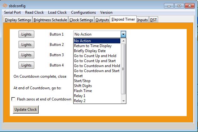 Sbdconfig - Elapsed Timer (3200/3300 Versions) The Sapling Company, Inc. On the Elapsed Timer tab, there are four buttons available to program.