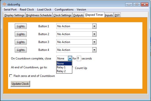 The Sapling Company, Inc. Sbdconfig - Elapsed Timer (3200/3300 Versions) (continued) On countdown complete, close: This option allows a user to choose how many seconds the relay will be closed for.