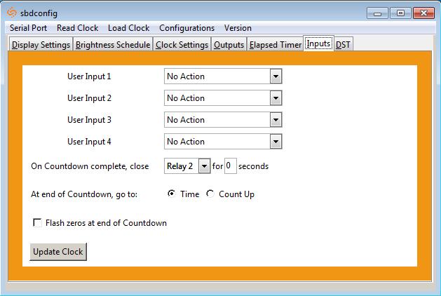 Sbdconfig - Inputs (continued) On countdown complete, close: This option allows a user to choose how many seconds a relay will be closed for.