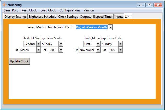 Sbdconfig - DST The Sapling Company, Inc. Select Method for Defining DST: This drop down allows a user to choose between four options for Daylight Savings Time.