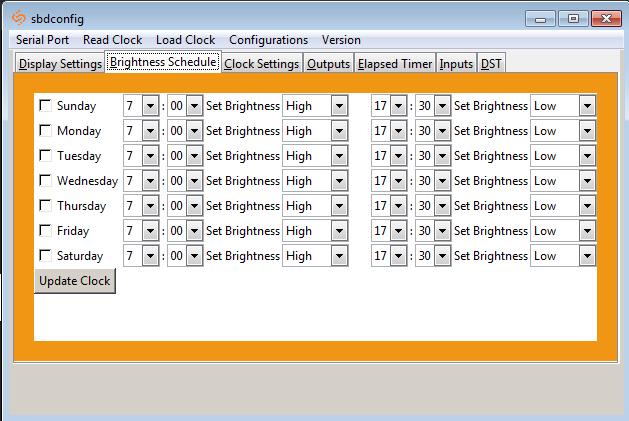 Sbdconfig - Brightness Schedule 1. Clicking on the Brightness Schedule tab will allow a user to establish a Brightness Schedule for the digital clock(s).