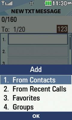 Enter the recipient s number or press the Right Soft Key for Add and select From Contacts (1) to access