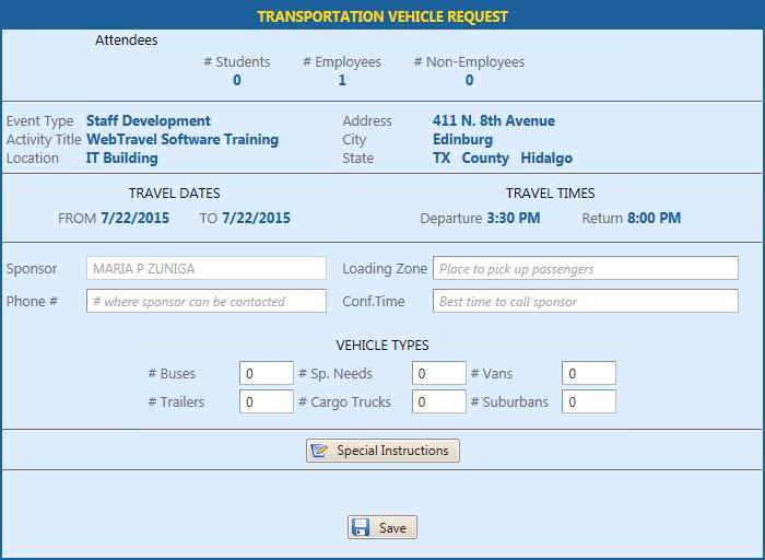 34 DISTRICT VEHICLE: Figure 37: 50. 52. 51. 53. 54. 55. To create transportation request fill in the following: 50. Loading Zone (this is the place to pick up the passengers) 51.