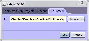 Project 2: Manipulating the Alice Environment Part 2 1. Open up Alice3. You will need to find the installed Alice3 folder and double click on the Alice3.bat batch file (alice3.sh for the Mac).