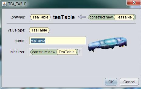 10. When you click on the class it will ask you for a name for the object. You can leave the name teatable or rename if you want.