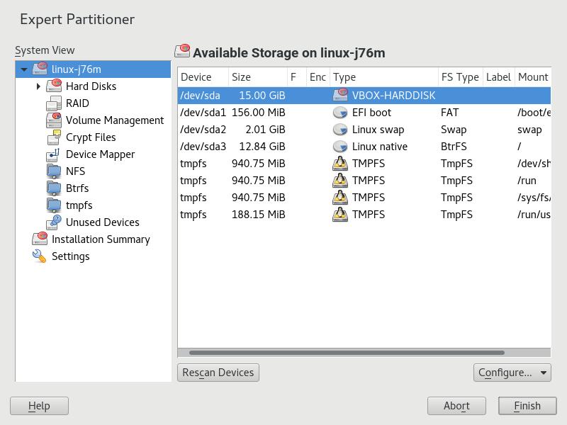 FIGURE 8.1: THE YAST PARTITIONER All existing or suggested partitions on all connected hard disks are displayed in the list of Avail- able Storage in the YaST Expert Partitioner dialog.