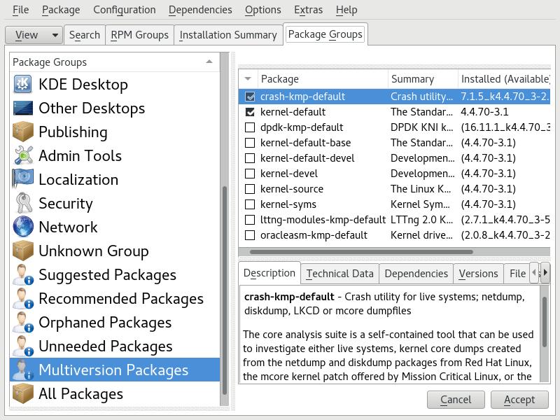 FIGURE 11.1: THE YAST SOFTWARE MANAGER: MULTIVERSION VIEW 3. Select a package and open its Version tab in the bottom pane on the left. 4. To install a package, click the check box next to it.