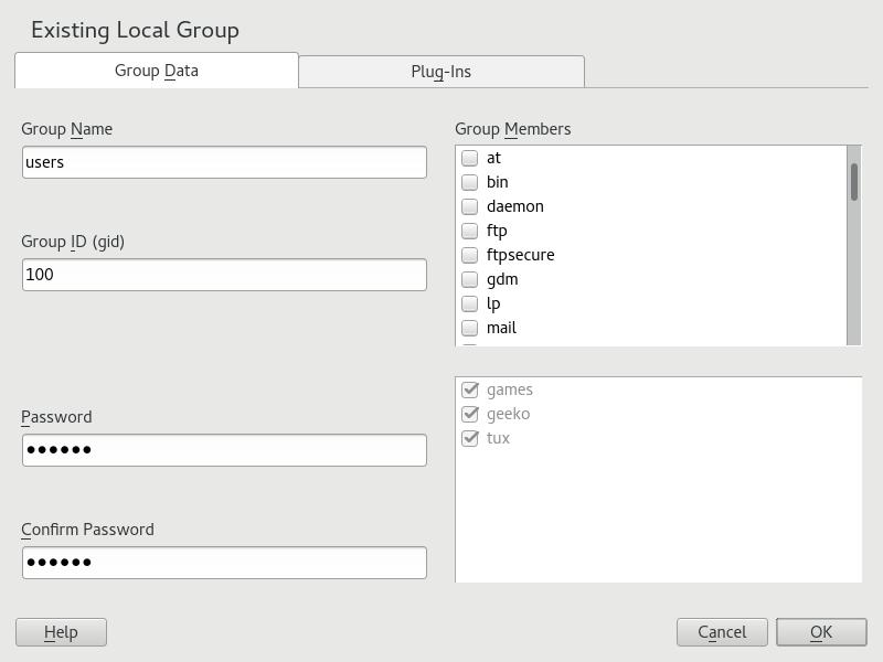6. To add existing users to a new group select them from the list of possible Group Members by checking the corresponding box. To remove them from the group deactivate the box. 7.