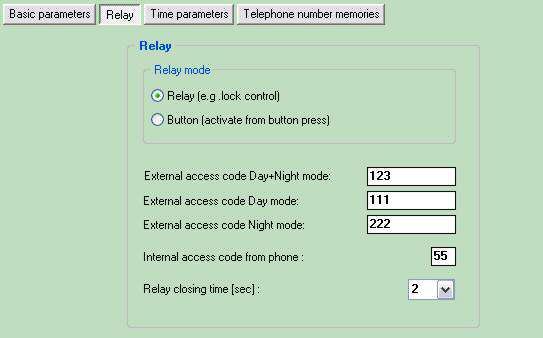 2.2.2 Relay parameters Relay mode the relay can be preset into 2 different modes External access code 3 different codes for relay activation by a visitor are available.