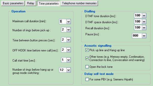 2.2.3 Time parameters Operation Maximum call duration can be prolonged by dialling * or # Number of rings before pick up (incoming call) Time between button presses time a user has to press each