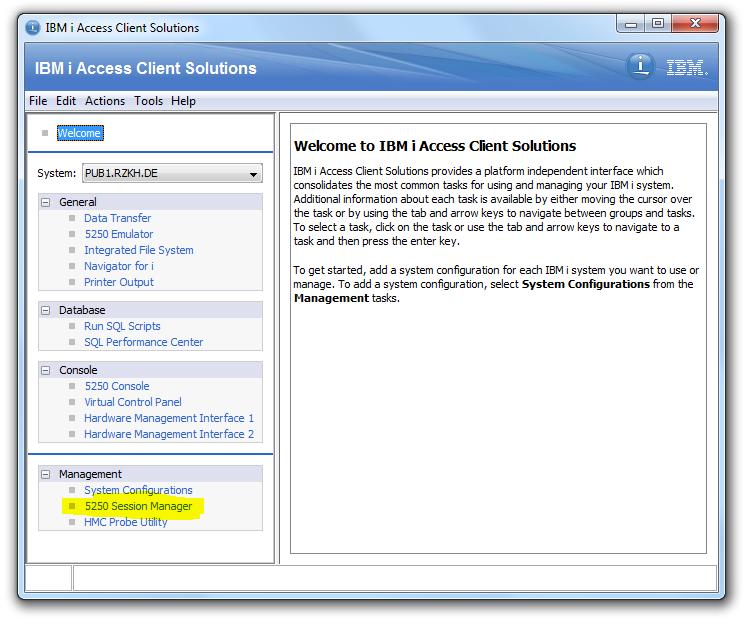 9. When the IBM iaccess Client Solutions window appears, click the 5250 Session Manager link: 10.