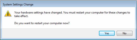 15. Click Yes in the System Settings Change window (as shown in Figure 2-28) to restart the computer, so that the installation will take effect. Figure 2-28 2.2.3 For Windows Vista 1.