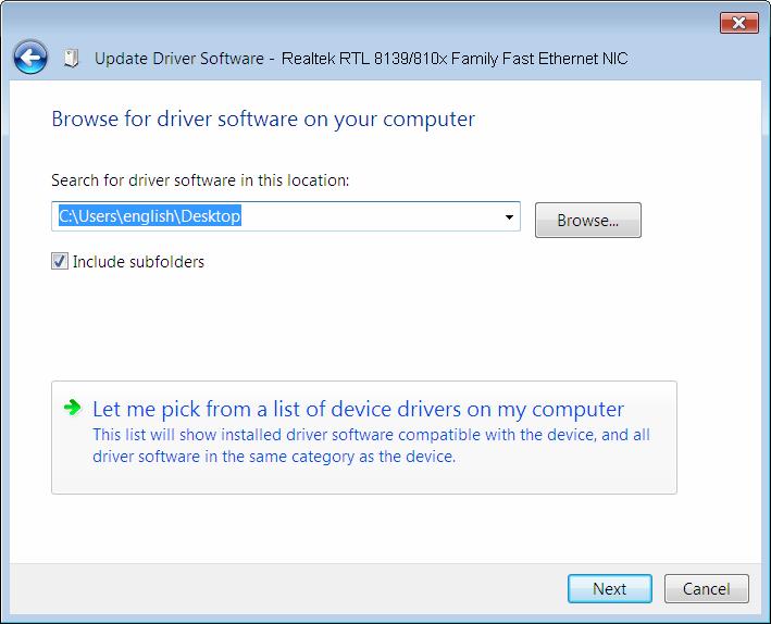 5. Select Let me pick from a list of device drivers on my computer, and then click