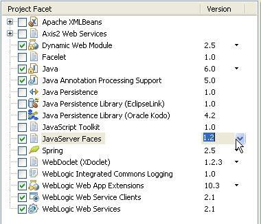 8. Be sure to select the two Web Services facets, JSF 1.2 Facet, and click Finish, as shown below 9.