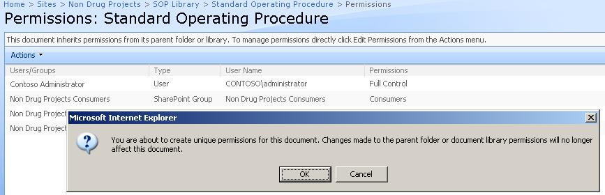 Confirmation dialog for defining unique permissions different from parent: An example of fine tuning a particular group s rights: 11.10 (h) Data Input Validation Use of device (e.g., terminal) checks to determine, as appropriate, the validity of the source of data input or operational instruction.