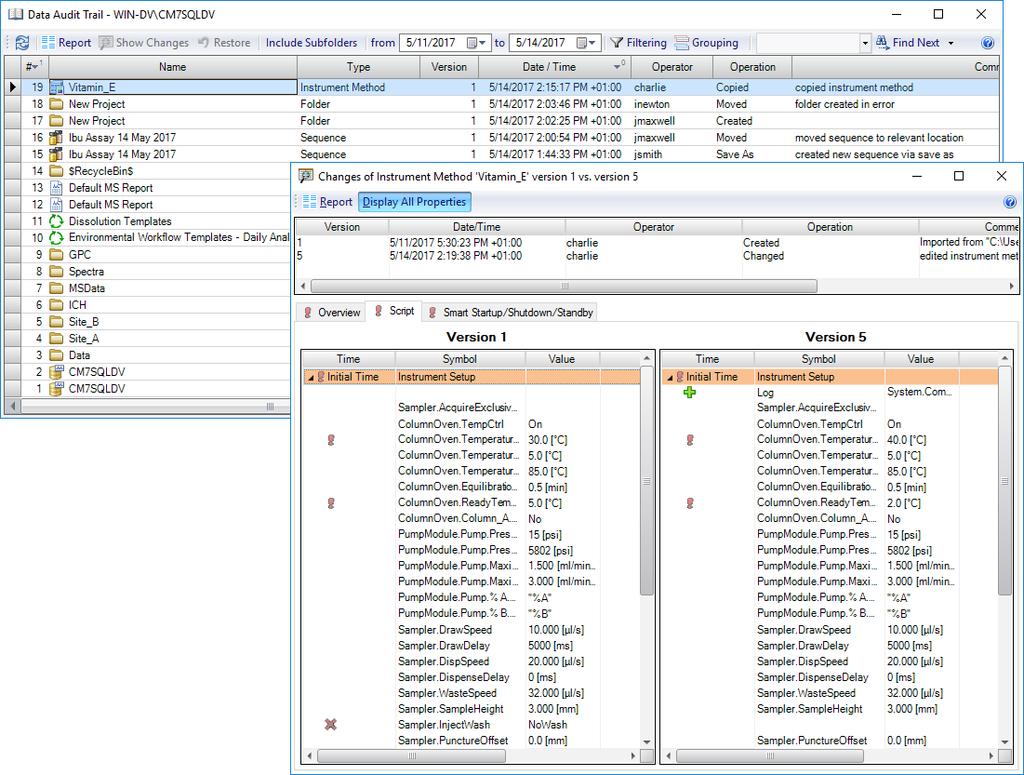 Figure 21. Chromeleon s modification history tracks all changes to all data objects and lists the before and after state of each variable associated with each change.