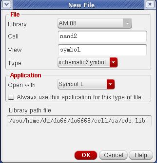 In the schematic editor press i, and go to component browser, by clicking on the browse button, select library AMI06, and select your nand2 as in Figure 2. Stamp it down as shown in Figure 6.