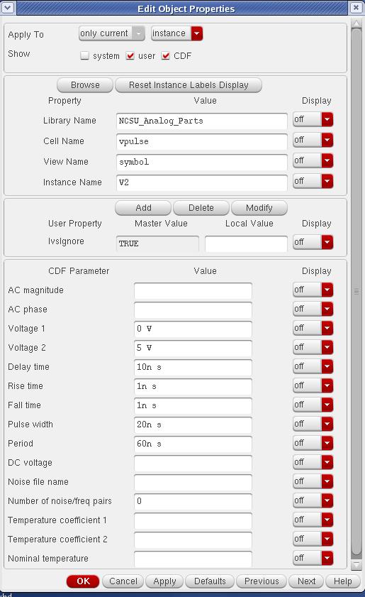 Select the vpulse source for input signal B, execute (VLE)Edit>Properties>