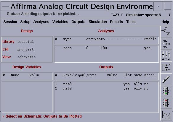 STEP 13: Setup output traces In Affirma Analog Circuit Design Environment window, select Outputs => to be plotted => Select on Schematic.