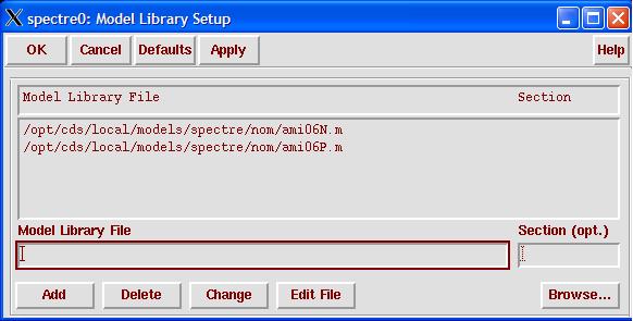 You can add the necessary Model Library Files by o Click the bottom Model Library File box o Type /opt/cds/local/models/spectre/nom/ami06n.m o Click the Add button.