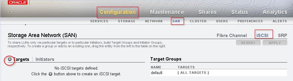 Creating an iscsi Target The process of creating an iscsi target on the Oracle ZFS Storage Appliance is done in two operations: Create the iscsi target by assigning it an iscsi Qualified Name (IQN),